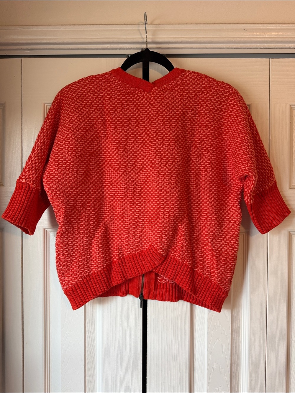 CAbi #195 Red/Orange Textured Zip-Front Short-Sleeve Cardigan - Picture 6 of 7